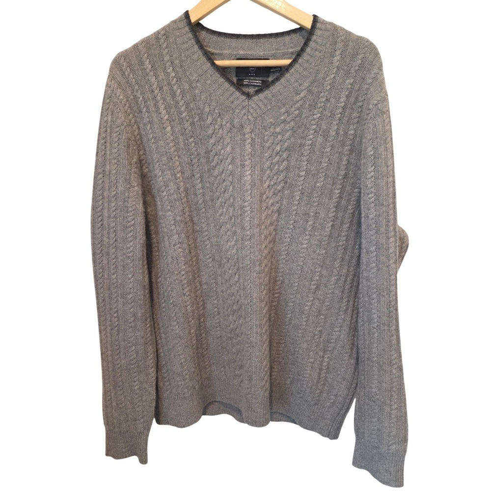 Black Brown 1826 Sweater 100% Cashmere Cable Knit V-Neck Gray Luxury Men L